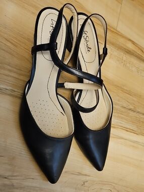 Life Stride Black Pointed Slingback Flats with Cream Strap Accent